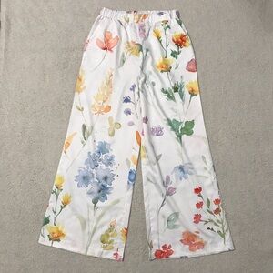White Floral Wide Leg Pants